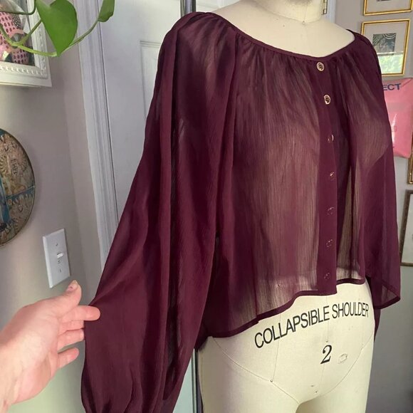 WILSTER Retro Sheer 1990s Poet Slv CROP Cropped Silky Tunic Blouse Shirt *SMALL* - Picture 2 of 5